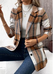 Dark Camel tops,Plaid tops,Button Plaid Dark Camel Lapel Long Sleeve Coat