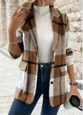 Dark Camel tops,Plaid tops,Button Plaid Dark Camel Lapel Long Sleeve Coat