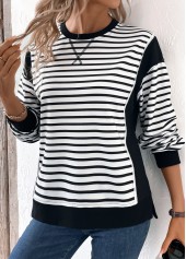 Black tops,Striped tops,Geometric tops,ROTITA Patchwork Striped Black Round Neck Long Sleeve Sweatshirt