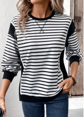 Black tops,Striped tops,Geometric tops,ROTITA Patchwork Striped Black Round Neck Long Sleeve Sweatshirt