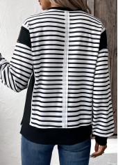 Black tops,Striped tops,Geometric tops,ROTITA Patchwork Striped Black Round Neck Long Sleeve Sweatshirt
