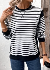 Black tops,Striped tops,Geometric tops,ROTITA Patchwork Striped Black Round Neck Long Sleeve Sweatshirt