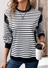 Black tops,Striped tops,Geometric tops,ROTITA Patchwork Striped Black Round Neck Long Sleeve Sweatshirt