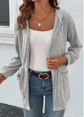 Grey tops,Plain Color tops,ROTITA Drawstring Grey Long Sleeve Light Cardigan