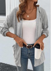 Grey tops,Plain Color tops,ROTITA Drawstring Grey Long Sleeve Light Cardigan