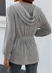 Grey tops,Plain Color tops,ROTITA Drawstring Grey Long Sleeve Light Cardigan