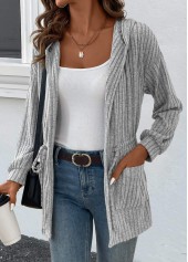 Grey tops,Plain Color tops,ROTITA Drawstring Grey Long Sleeve Light Cardigan