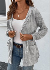 Grey tops,Plain Color tops,ROTITA Drawstring Grey Long Sleeve Light Cardigan