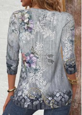 Light Grey tops,Floral tops,Plants tops,ROTITA Circular Ring Floral Print Light Grey T Shirt