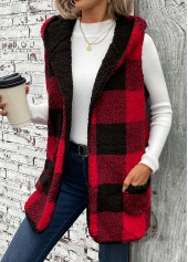 Red tops,Plaid tops,Patchwork Plaid Red Hooded Sleeveless Waistcoat