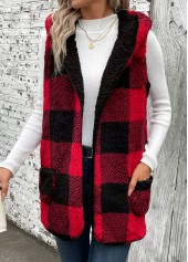 Red tops,Plaid tops,Patchwork Plaid Red Hooded Sleeveless Waistcoat