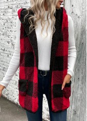 Red tops,Plaid tops,Patchwork Plaid Red Hooded Sleeveless Waistcoat