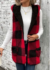 Red tops,Plaid tops,Patchwork Plaid Red Hooded Sleeveless Waistcoat
