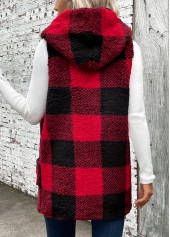 Red tops,Plaid tops,Patchwork Plaid Red Hooded Sleeveless Waistcoat