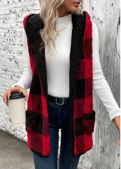 Red tops,Plaid tops,Patchwork Plaid Red Hooded Sleeveless Waistcoat