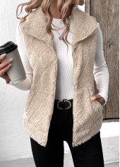 Beige tops,Plain Color tops,Zipper Beige Turn Down Collar Sleeveless Waistcoat