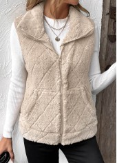 Beige tops,Plain Color tops,Zipper Beige Turn Down Collar Sleeveless Waistcoat