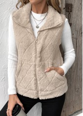 Beige tops,Plain Color tops,Zipper Beige Turn Down Collar Sleeveless Waistcoat