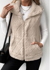 Beige tops,Plain Color tops,Zipper Beige Turn Down Collar Sleeveless Waistcoat
