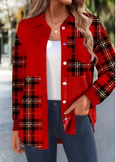 Rotita Patchwork karierte rote Hemdkragen Langarm Cordjacke
