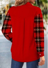 Red tops,Plaid tops,ROTITA Patchwork Plaid Red Shirt Collar Long Sleeve Corduroy Jacket