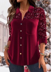 Wine Red tops,Plain Color tops,ROTITA Velvet Sequin Wine Red Long Sleeve Shirt