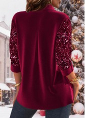 Wine Red tops,Plain Color tops,ROTITA Velvet Sequin Wine Red Long Sleeve Shirt