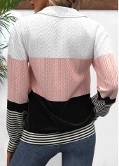 Black tops,Pink tops,Striped tops,Geometric tops,ROTITA Patchwork Striped Black Turn Down Collar Long Sleeve Sweatshirt