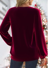 Wine Red tops,Plain Color tops,ROTITA Long Sleeve Split Wine Red Blouse