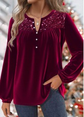 Wine Red tops,Plain Color tops,ROTITA Long Sleeve Split Wine Red Blouse