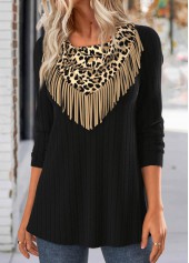 Black tops,Leopard tops,ROTITA Tassel Leopard Black Long Sleeve T Shirt