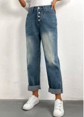 Denim Blue bottoms,Plain Color bottoms,Button Denim Blue Straight Leg High Waisted Jeans