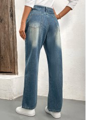 Denim Blue bottoms,Plain Color bottoms,Button Denim Blue Straight Leg High Waisted Jeans