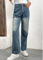 Denim Blue bottoms,Plain Color bottoms,Button Denim Blue Straight Leg High Waisted Jeans