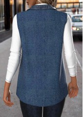 Denim Blue tops,Plain Color tops,ROTITA Patchwork Denim Blue Shirt Collar Sleeveless Waistcoat