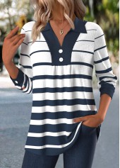 Navy tops,Striped tops,Geometric tops,ROTITA Button Striped Navy Long Sleeve Shirt