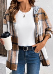 Dark Coffee tops,Geometric tops,Plaid tops,ROTITA Drawstring Plaid Dark Coffee Hooded Long Sleeve Shirt