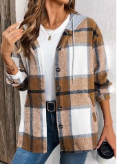 Dark Coffee tops,Geometric tops,Plaid tops,ROTITA Drawstring Plaid Dark Coffee Hooded Long Sleeve Shirt