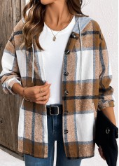 Dark Coffee tops,Geometric tops,Plaid tops,ROTITA Drawstring Plaid Dark Coffee Hooded Long Sleeve Shirt