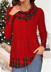 Red tops,Plaid tops,ROTITA Christmas Patchwork Plaid Red Cowl Neck Long Sleeve Sweatshirt