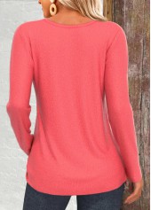 Coral tops,Plain Color tops,ROTITA Tuck Stitch Coral Round Neck Long Sleeve T Shirt