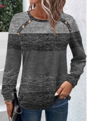 Dark Grey tops,Contrast Color tops,ROTITA Button Dark Grey Round Neck Long Sleeve T Shirt