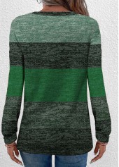 Green tops,Contrast Color tops,ROTITA Button Green Round Neck Long Sleeve T Shirt