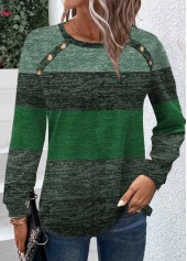 Green tops,Contrast Color tops,ROTITA Button Green Round Neck Long Sleeve T Shirt