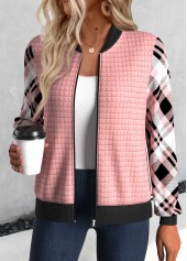 Rotita Patchwork karierte rosa Stehkragen Langarmjacke