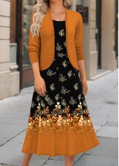 Rotita – Zweiteiliges Terrakotta-Kleid mit Blumenmuster und Strickjacke