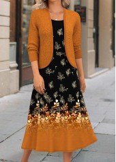 Terracotta dresses,Floral dresses,Plants dresses,Ombre dresses,Everyday dresses,Casual dresses,ROTITA Two Piece Floral Print Terracotta Dress and Cardigan