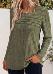 Olive Green tops,Plain Color tops,ROTITA Olive Green Round Neck Long Sleeve T Shirt