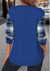 Dark Blue tops,Plaid tops,ROTITA Button Plaid Dark Blue Split Neck Long Sleeve Sweatshirt