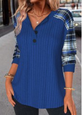 Dark Blue tops,Plaid tops,ROTITA Button Plaid Dark Blue Split Neck Long Sleeve Sweatshirt
